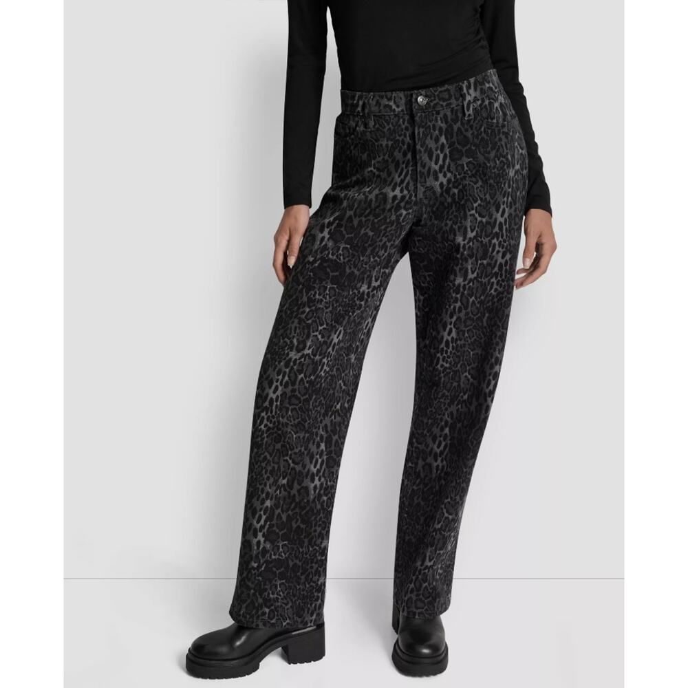 DKNY Women Black Leopard Print Mid Rise Straight Leg Relaxed Jeans Size 32